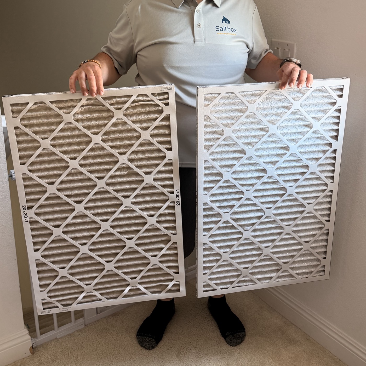 Two 20x30x1 pleated air filters held side by side: the left one grey with dust, the right one clean